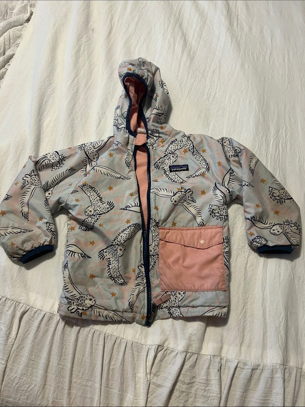 Patagonia Kids Hooded Puffer Jacket in Light Blue & Pink with Navy Trim